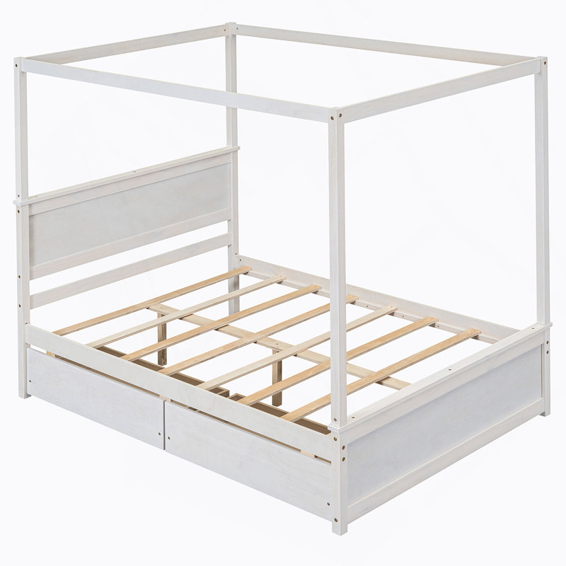 Wood Canopy Bed with Two Drawers, Full Size Canopy Platform Bed with Support Slats