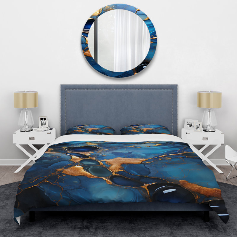 Ensemble de housse de couette abstrait doré et saphir bleu marbré II, Housse de couette pour grand lit