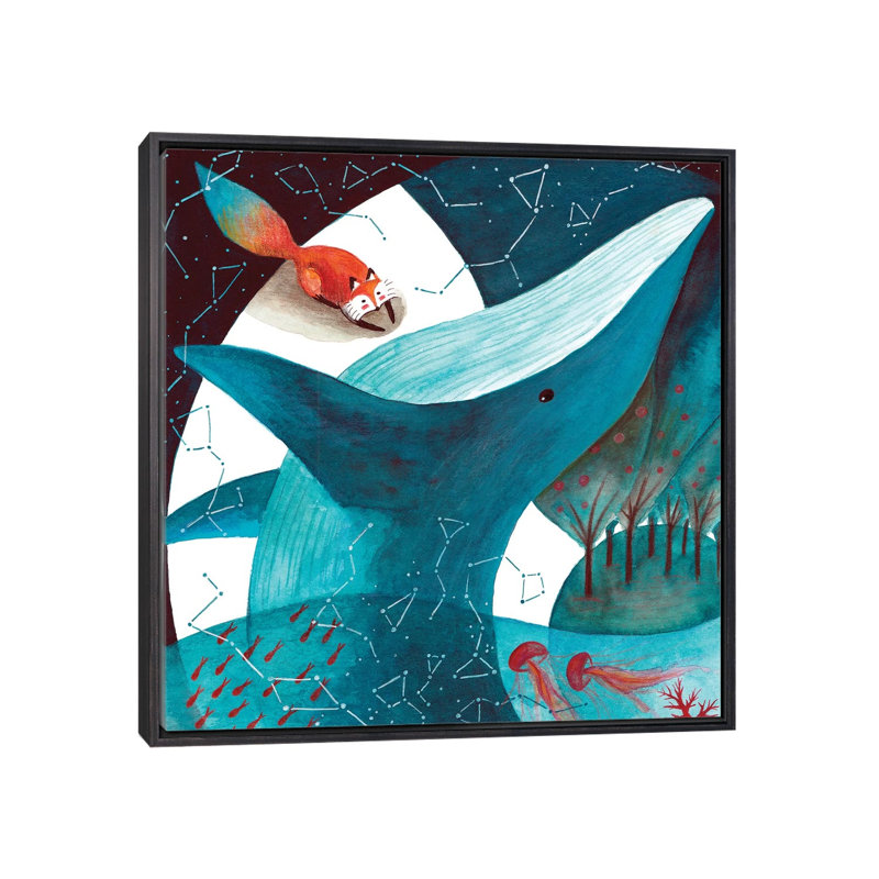 Renard et baleine III - impression, H 18 po x l 18 po x 1,5 po, Toile avec cadre noir patiné, Pas de tapis
