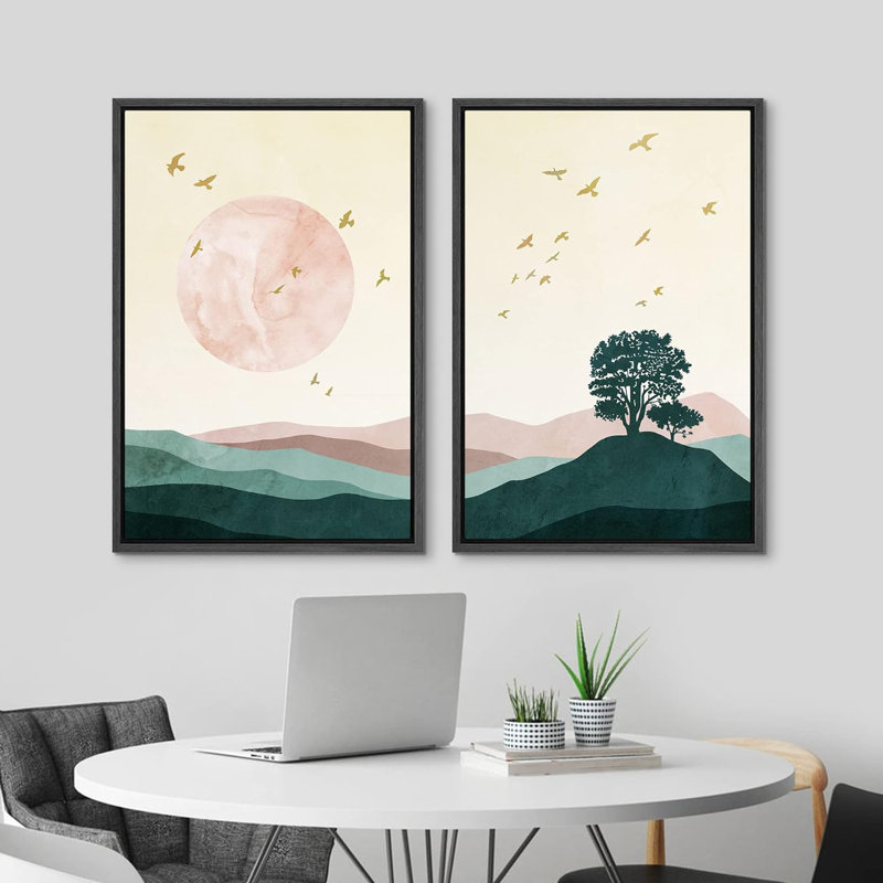 Birds And Pink & Green Gradient Mountain, reproduction sur toile encadrée 2 pièces, Noir, H 24 po x l 32 po x P 1,5 po