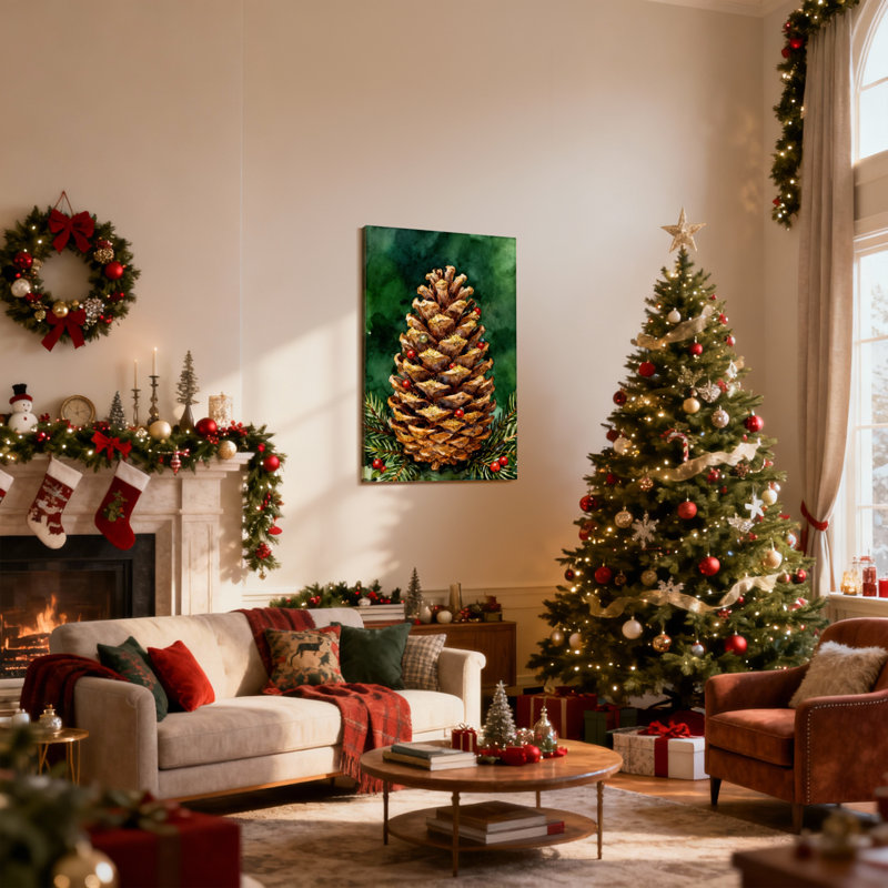 Cône de pin de Noël avec baies et verdure, ensemble de 3 impressions sur toile, H 30 po x l 20 po