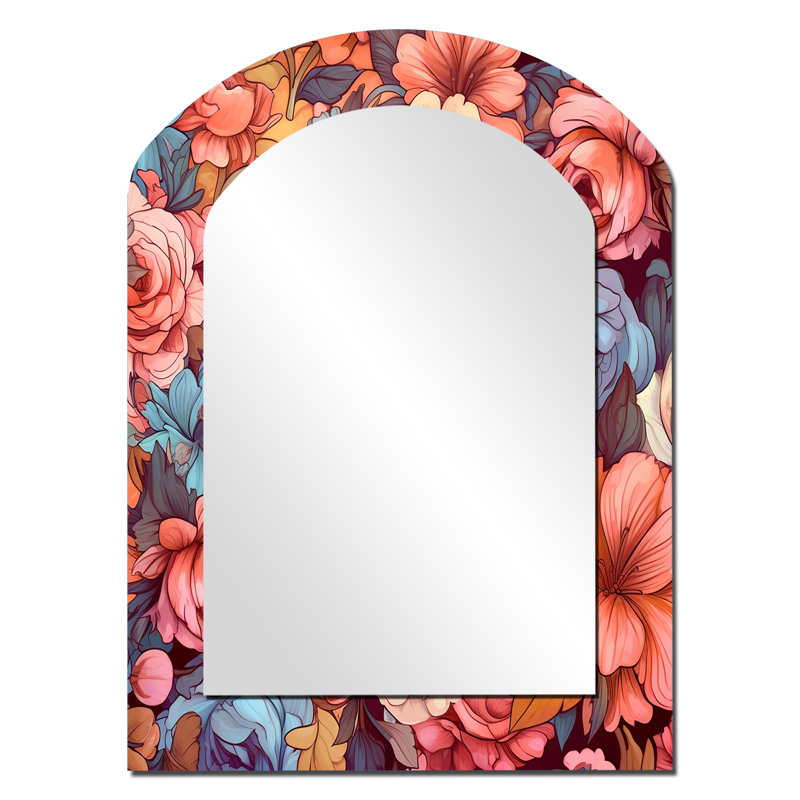«Blossoming Retro Pink and White Roses - Wildflowers Asymmetric Unique Wall Mirror Decor», 34 po x 25 po