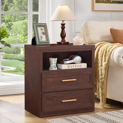24'' Wide Farmhouse Night Stand with 2 Drawers,Wood Nightstand | Modern End Table Open Storage Shelf, Metal Handle, Mid-Century Bed Side Table for Bed
