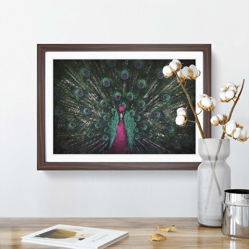 Mesmerising Pink & Green Peacock - Picture Frame Graphic Art Print on MDF, 27cm H x 36cm W x 2cm D, Walnut Framed