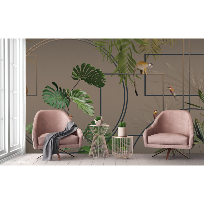 Papier peint moderne avec jungle tropicale moderne avec des singes et des oiseaux exotiques, L 66 po x l 122 po, Brun