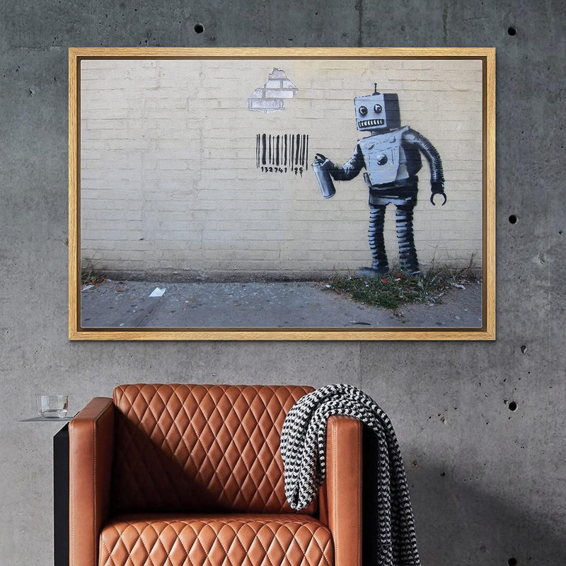 Banksy Robot Spray, peinture à code-barres sur toile, H 16 po x l 24 po x P 1,5 po, Cadre naturel flottant