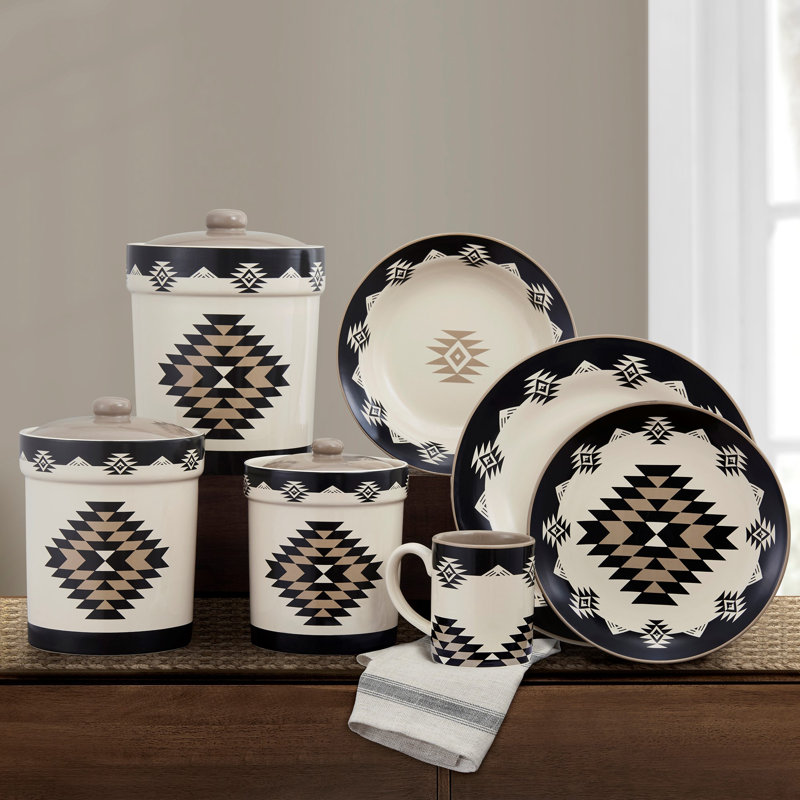 Chalet Cream/Black/Taupe Aztec Print Ceramic Southwestern Style 19 Piece Dinnerware and Canister Set