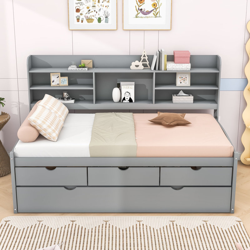Shavada Twin Size Wooden Daybed with Built-in Bookshelves,Storage Drawers and Twin Trundle, Light Grey