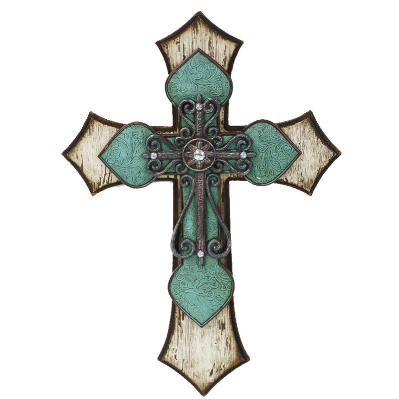 Rustic Whitewashed Wooden Cross with Turquoise Ceramic Overlay