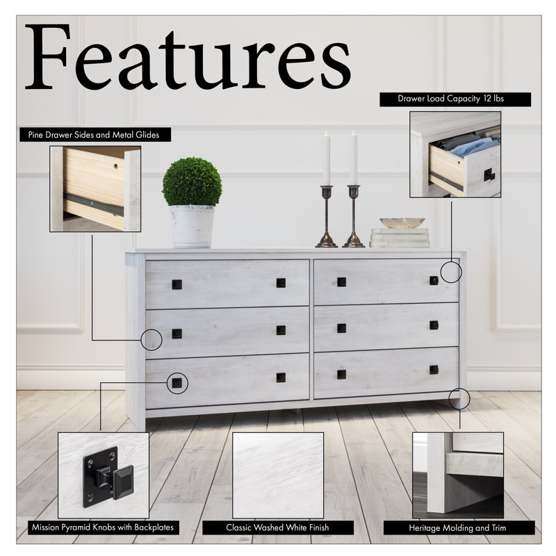 Washed White Farmhouse 6-Drawer Pine MDF Dresser