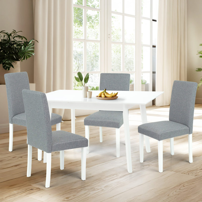 5 Piece Dining Table Set, Extendable Rectangular Dining Table w 4 Classic Style Solid Wood Upholstered Chairs, Gray, White