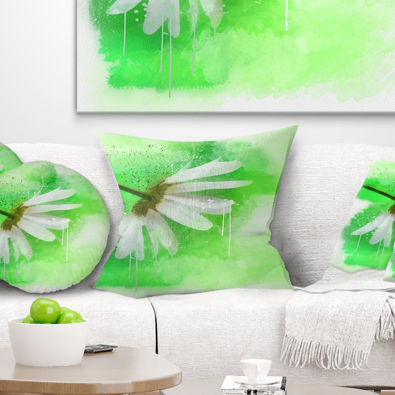 Camomille blanche avec éclaboussures vertes - coussin à imprimé floral, 16 po x 1 po, Coussin décoratif