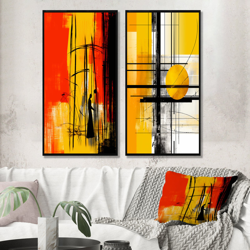 «Yellow Brilliant Echoes Abstract Collages I», ensemble de 2 reproductions d'art sur toile, Cadre noir, H 40 po x l 41 po