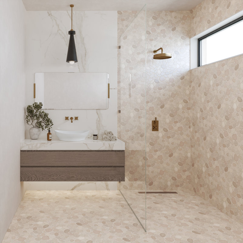 Waterbrook 12" x 12" Jumbo Sliced Pebble Mosaic Tile in White/Ivory