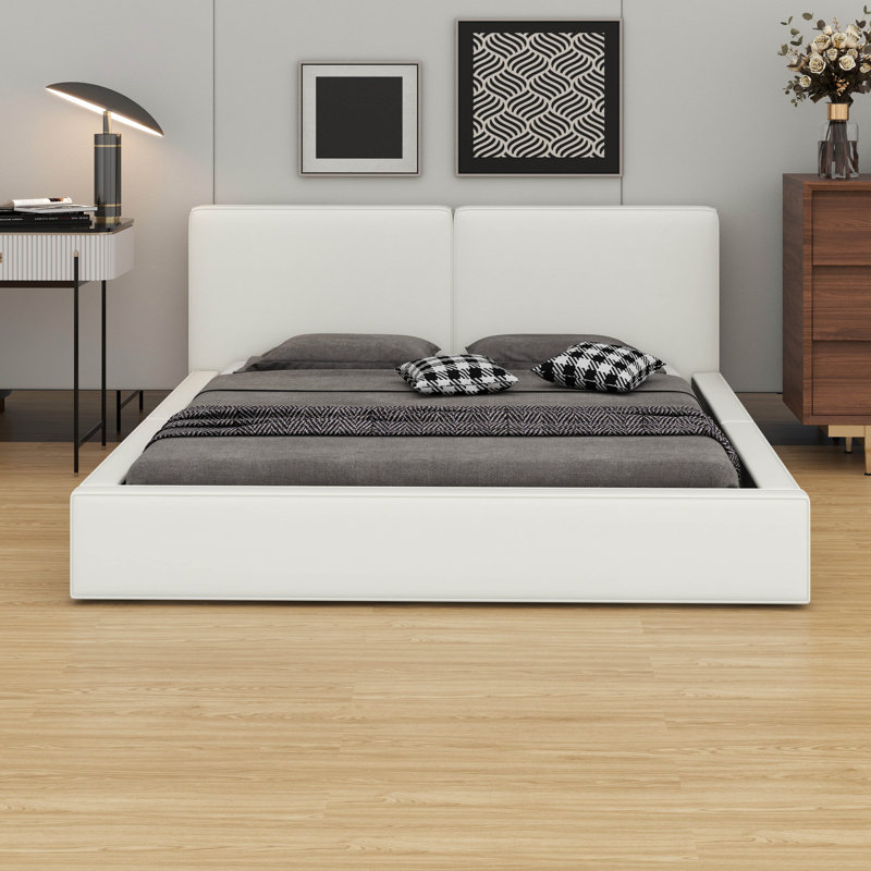 Grand lit plateforme tapissier en velours grand format avec base solide, Beige