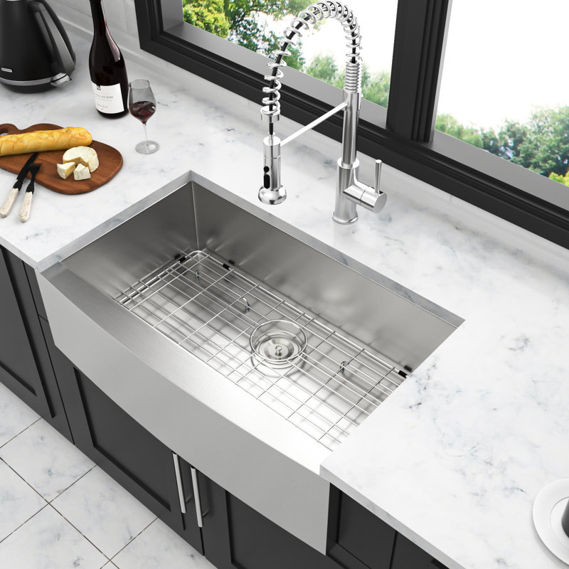 18 Gauge 36 Inch Stainless Steel Apron Front Kitchen Sink With Quiet Sound - Proofing, Condensation Coating, X Drainage For Quick Water Flow, Package Roll Up Rack, Rinse Grid, Installation