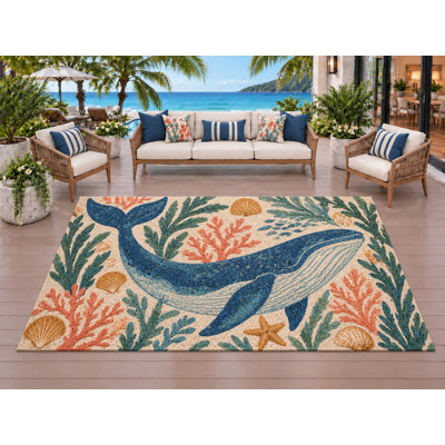 Tapis d'extérieur 5' x 7' motif baleine bleue et corail, robuste, imperméable, en PVC bouclé, résistant, séchage rapide, idéal pour porche, terrasse, balcon, entrée, VR et camping.