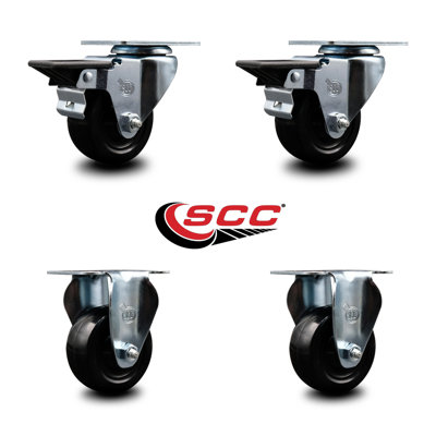 3 Inch Hard Rubber Wheel Swivel Top Plate Caster Set with 2 Posi Brakes 2 Rigid|SCC-20S314-HRS-PLB-2-R-2