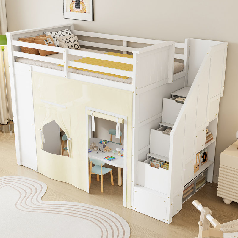 Lit mezzanine simple avec bureau, tiroirs de rangement et escalier, structure en bois massif, rideau, blanc compact