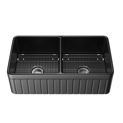 33" L x 18" W Double Bowl Fireclay Farmhouse Kitchen Sink with Sink Grid and Basket Strainer