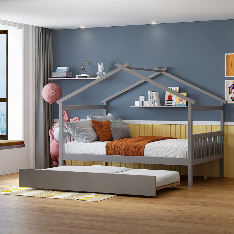 Saunderton Wooden House Bed with Trundle, Gray, Full