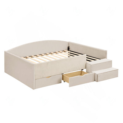 Cadre de lit de jour entièrement rembourré avec 2 tiroirs de rangement et dossier confortable, beige