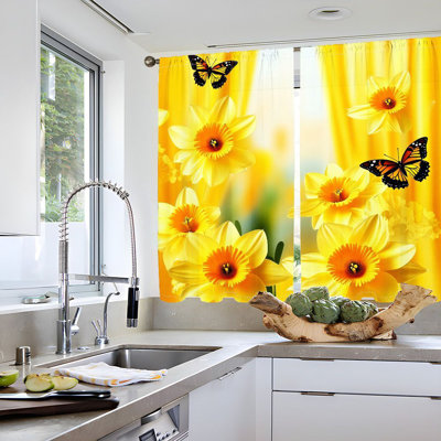 2Pcs rideaux papillon jonquille, motif floral printanier, thème de jardin jaune vif, filtrage de la lumière et protection de la vie privée, conception à passe-tringle, pour le salon, la chambre à coucher, le balcon, la cuisine