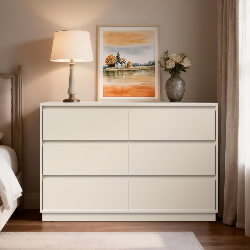 Commode 6 tiroirs 47 po de large avec 2 prises CA, 1 port USB et 1 station de charge de type C, Beige