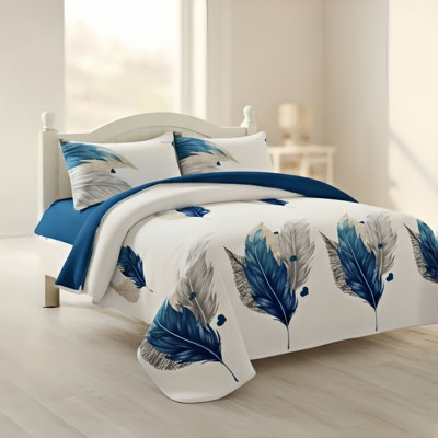 Ensemble de courtepointe réversible 3 pièces en plumes bleues, couvre-lit à imprimé bohème moderne avec 2 taies décoratives, couvre-lit léger en microfibre hydrofuge, adapté aux animaux de compagnie