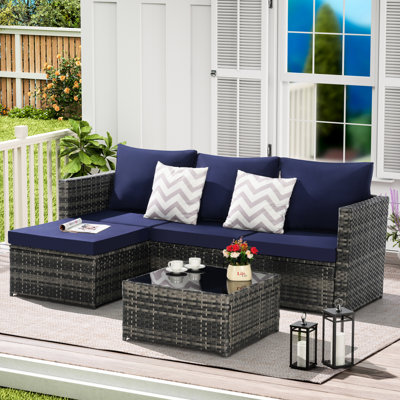 Outdoor Sectional - Detachable Lounger Table And Stain- Fabric 4 Patio Furniture Gray , Dark Blue Cushions, Frame