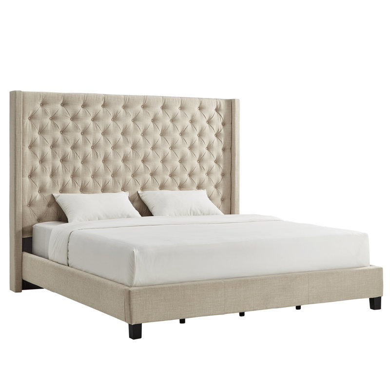 Londono Upholstered Wingback Bed, Heathered Beige Linen, King