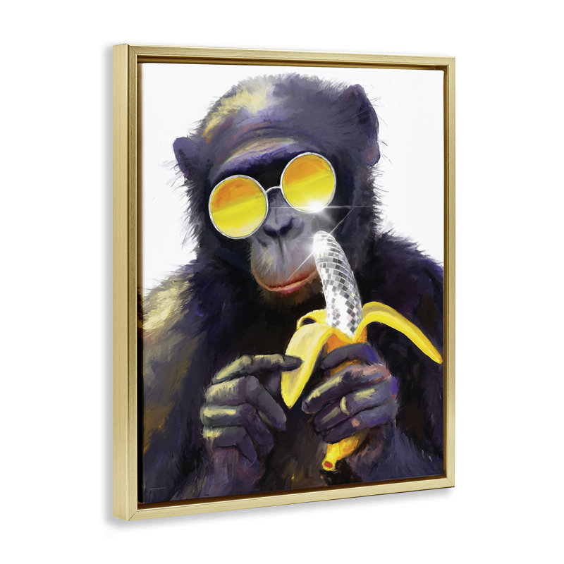 «Cool Monkey with Disco Banana», art mural par Kamdon Kreations, Cadre flottant gris lustré, H 21 po x l 17 po