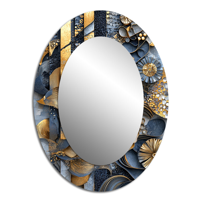 Carrelage abstrait bleu et gris IV - Miroir mural moderne ovale, 40 po x 30 po