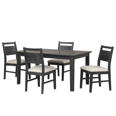 Saby 5Pc Dining Table Set, 4 Side Chairs, Black Rubberwood, Light Brown
