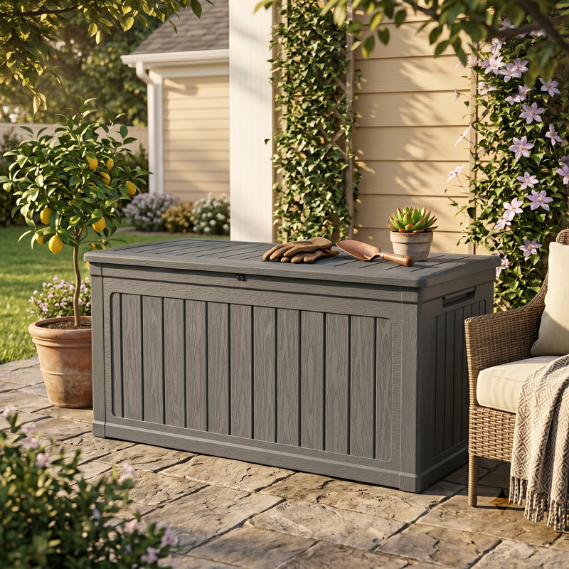 230 Gallon Resin Outdoor Storage Deck Box with Wood Texture, Black
