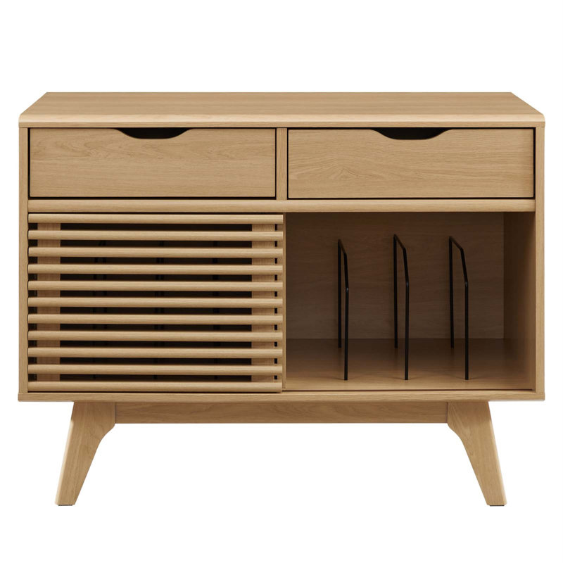 Modway Render Mid-Century Modern 37" Vinyl Record Display Stand with Drawers, Oak