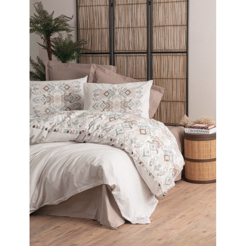 Ensemble de housse de couette simple 100% coton Ranforce, blanc et brun | Comprend une housse de couette 63 x 87, un drap plat 63 x 94 et une taie d'oreiller 20 x 28 | Imprimé réactif, lavable à la machine, fermeture à boutons et enveloppes | Conception douce, durable et élégante