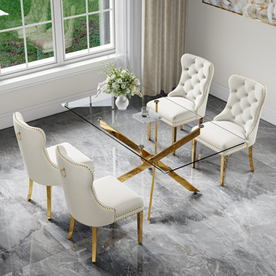 5-Piece Modern Glam Dining Set With Tempered Glass Table & 4 Velvet Upholstered Chairs