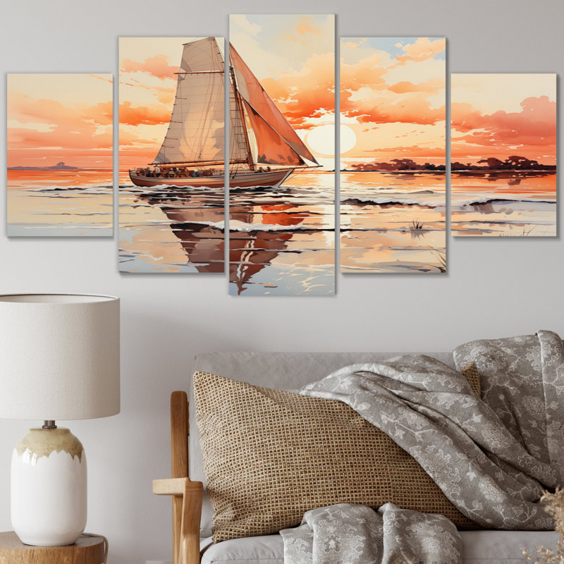 Bateau à voile pêche dans le coucher de soleil - salon d'art mural de transport - 5 panneaux