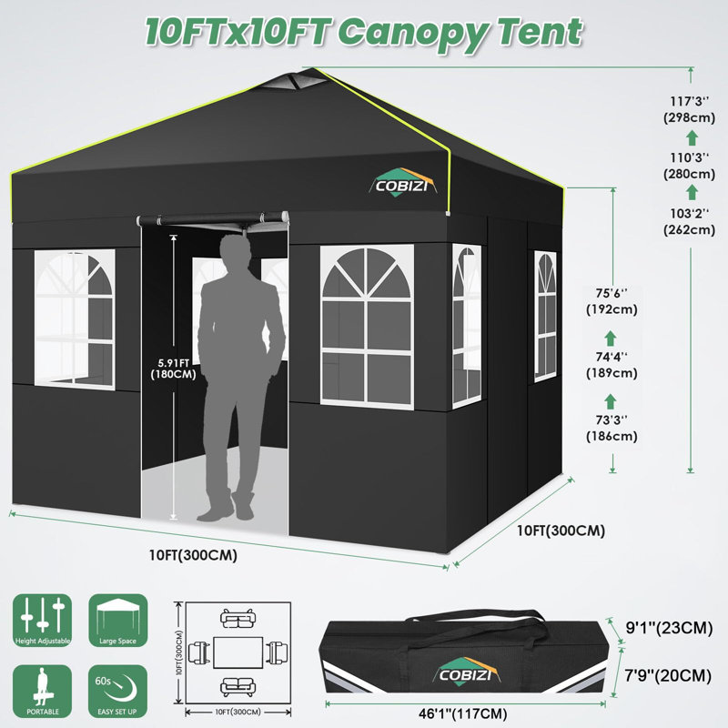 10x10 Pop Up Canopy Tent, One Push Setup Glow Outdoor Tent, Black