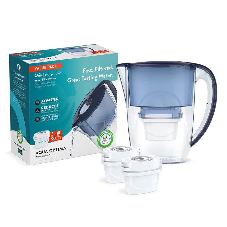 Aqua Optima Water Filter Pitcher Value Pack For Tap And Drinking Water With  3 Evolve+ Filter, Bpa Free, Wqa Certified, Oria Design (blue)
