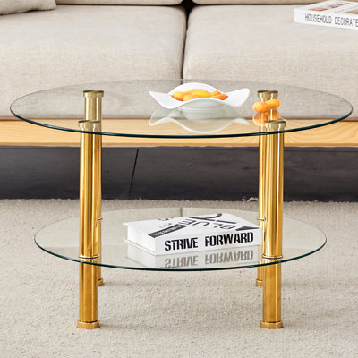 Table basse tendance en verre transparent à deux couches, dessus de 27,5 po et 23,6 po, pieds dorés, tubes faciles à entretenir en fer doré, caractéristique d'entretien facile