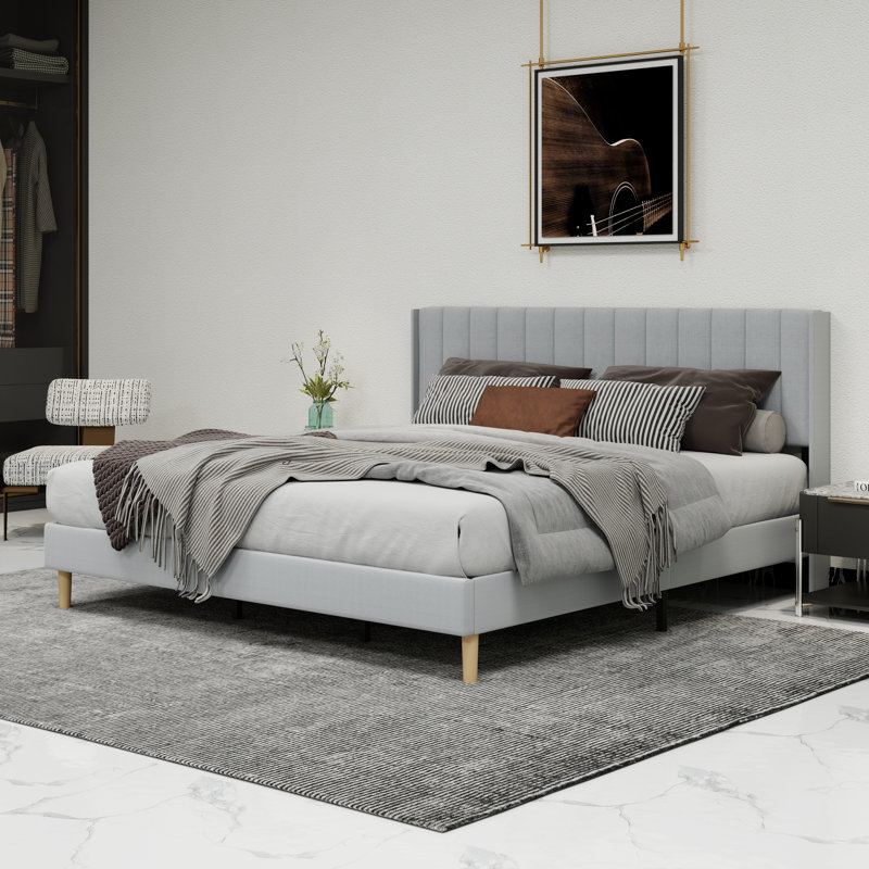 Upholstered Platform Bed With Headboard, Light Grey, King