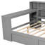 Lit double en bois avec plusieurs tablettes de rangement, 2 tiroirs, une station de charge, une tête de lit à tête de lit rembourrée et d'apparence raffinée, bois, gris, rangement, charge, bureau futuriste