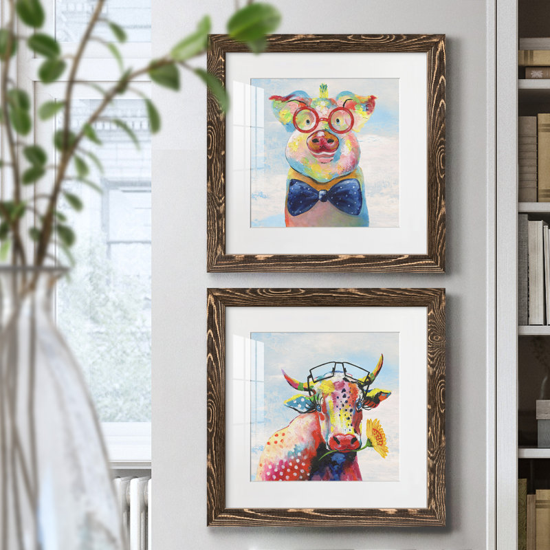 Groovy Pig and Sky - ensemble de 2 peintures, H 40 po x l 40 po x P 1,5 po, Papier, cadre noyer