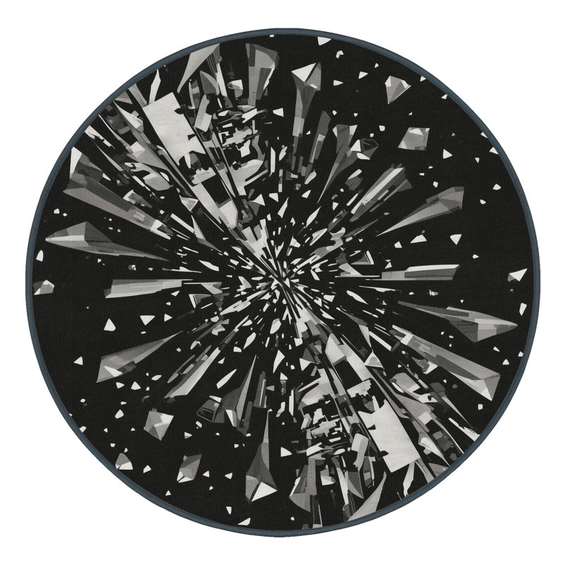 Machine Washable Carlstadt Modern Geometric Shapes Rug in Gray – Black Binding, 7' Round