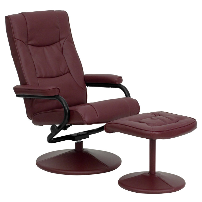 Contemporary Multi-Position Recliner and Ottoman with Wrapped Base, Burgundy