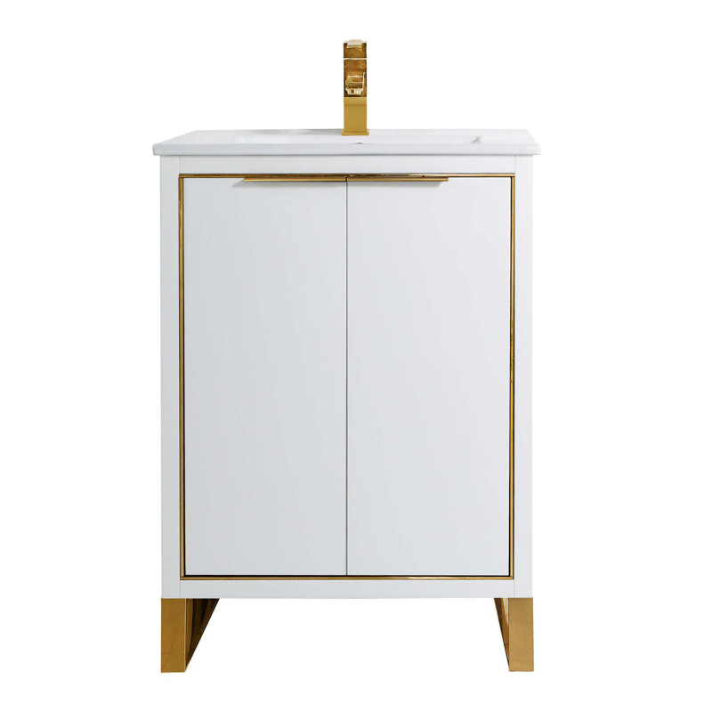 24'' Single Bathroom Vanity Set, Satin Brass, White