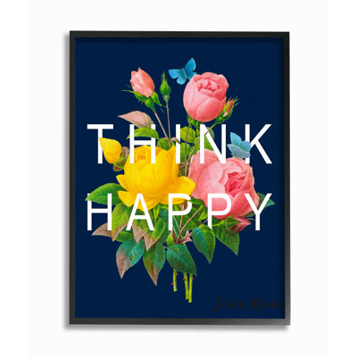 Reproduction d'art textuel bleu marine, "Think Happy" par Jessica Mundo