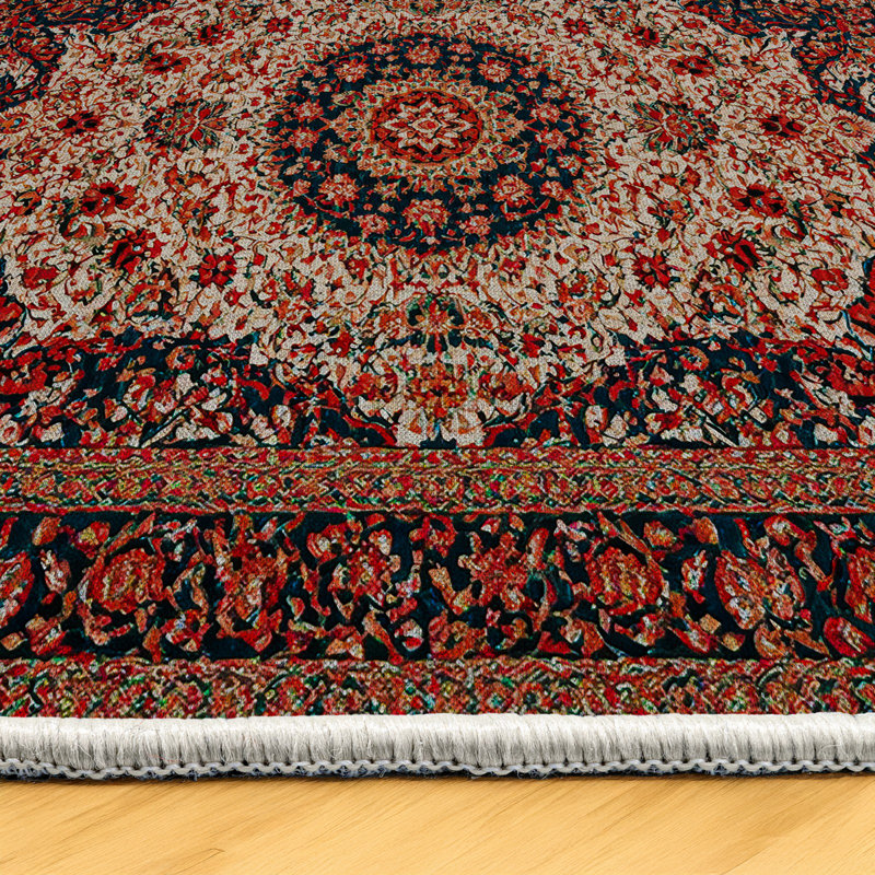 Guria Red/Brown Oriental Vintage Look Machine Printed Cotton Chenille Area Rug, Rectangle 6'7" x 7'3"
